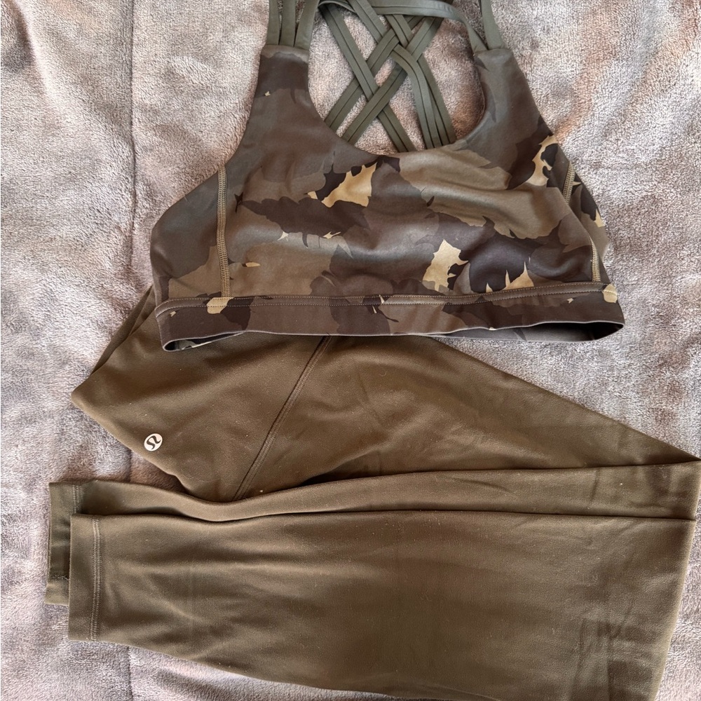 GUC - Lululemon Camo Sports Bra (Sz 8)  and army green Align Leggings (Sz 6) SET